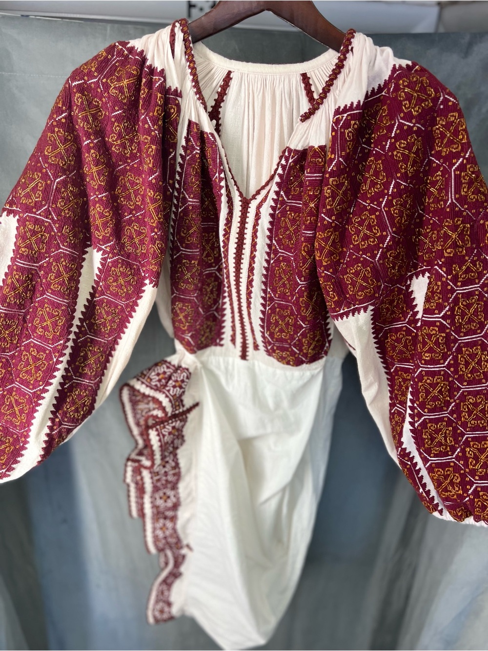 Ie Romanian cusutaTraditional Embroidered Long Sleeve Dress in Burgundy - Picture 6 of 7